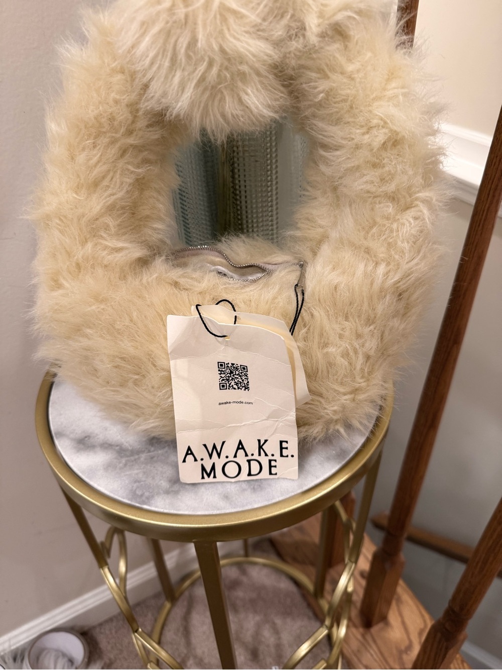 A.W.A.K.E. MODE Cream Faux Fur Mini Bag